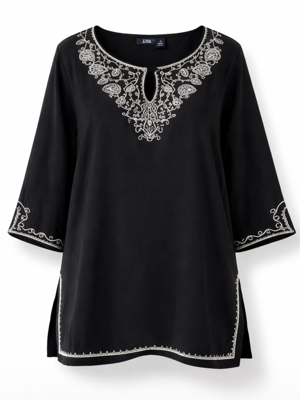 CB CASUAL Black Embroidered Boho Tunic Top 2X Cotton Keyhole